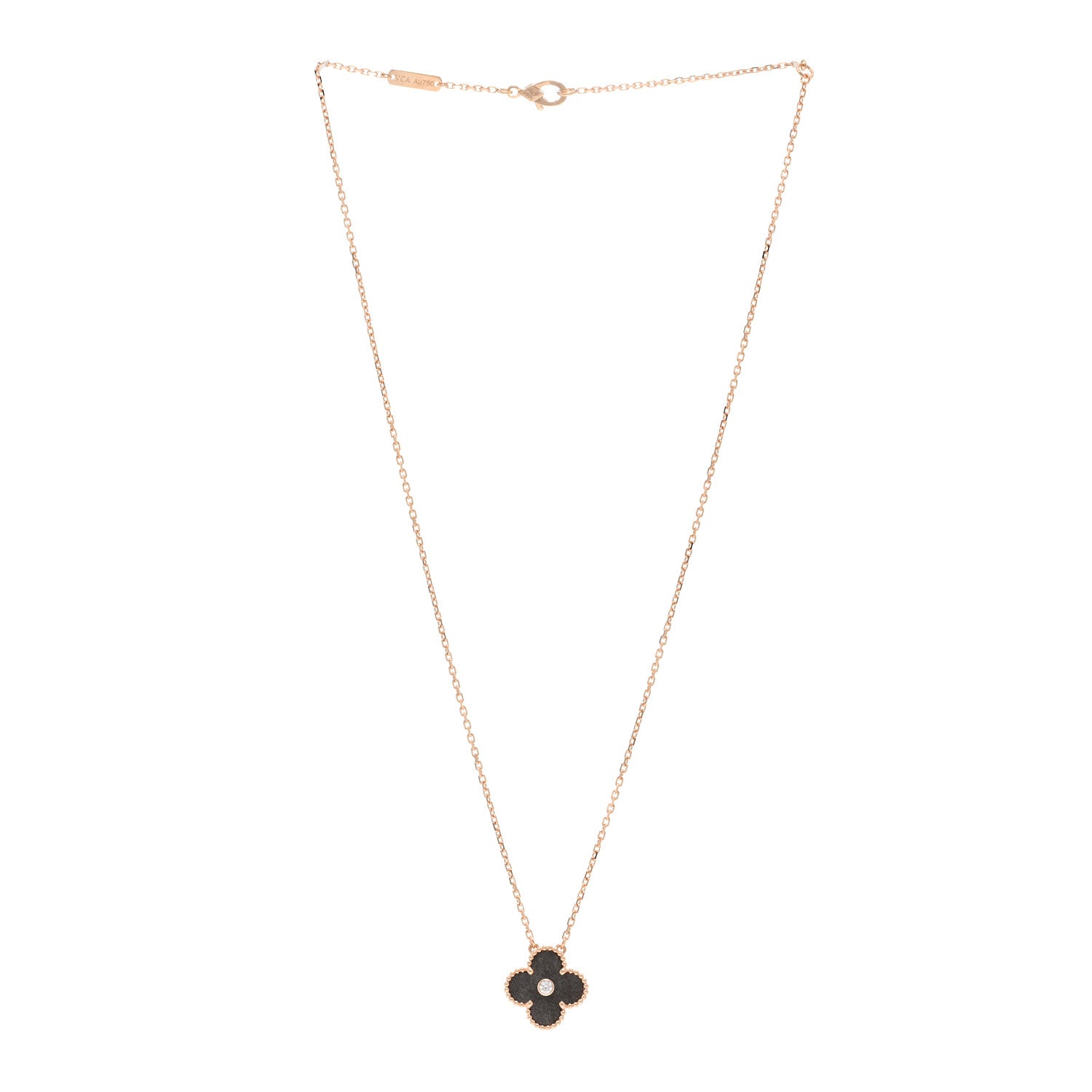 Van Cleef & Arpels 18K Rose Gold Diamond Silver Obsidian Vintage Alhambra Pendant Necklace 3 of 6