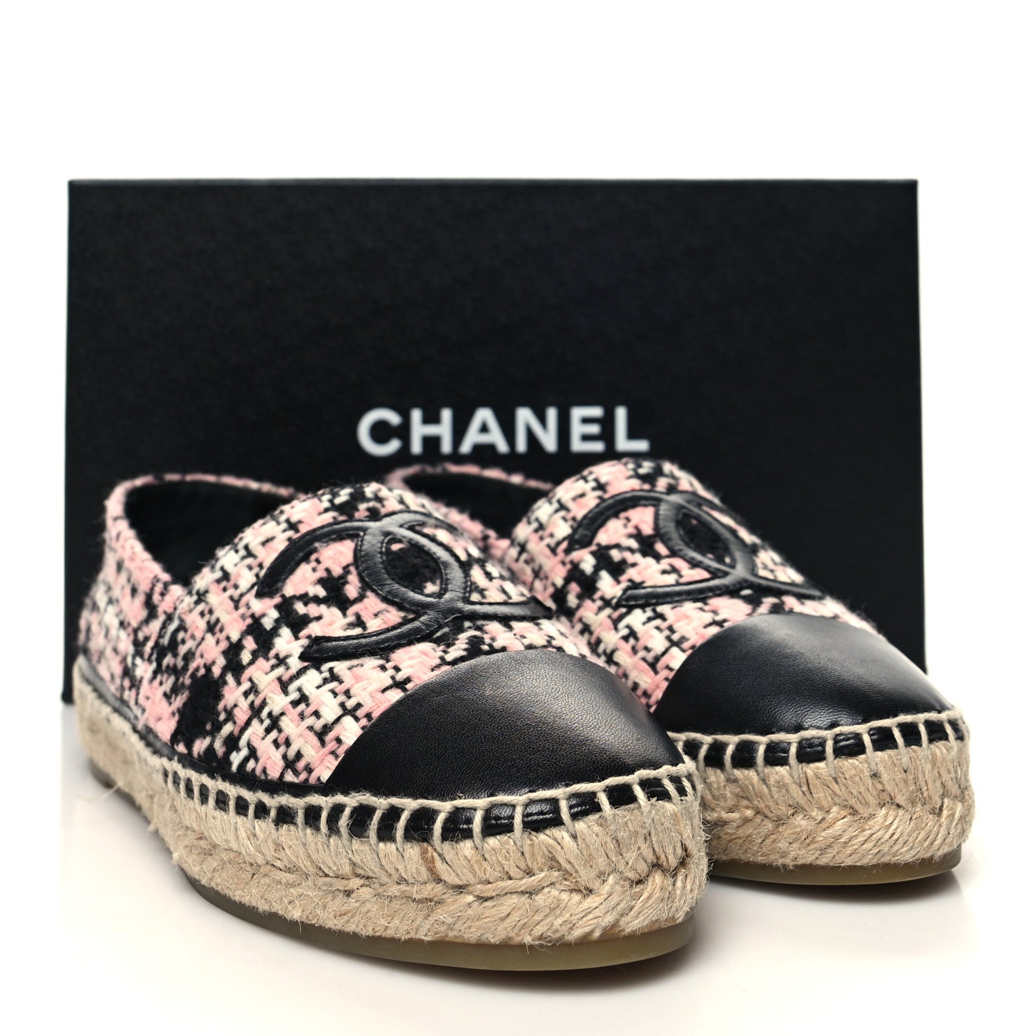 Chanel Tweed Lambskin CC Espadrilles 37 Pink Black 10 of 10