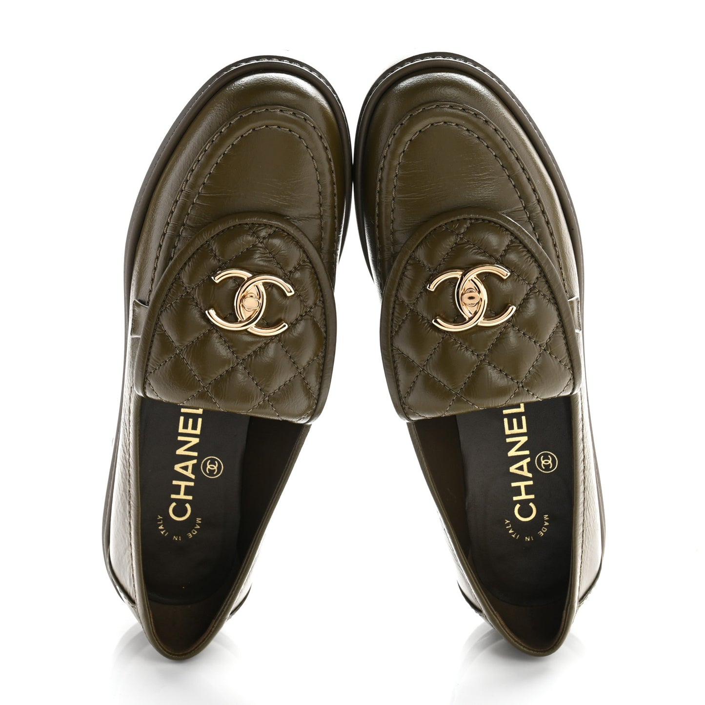 Crumpled Lambskin Quilted CC Turnlock Moccasins 37 Khaki