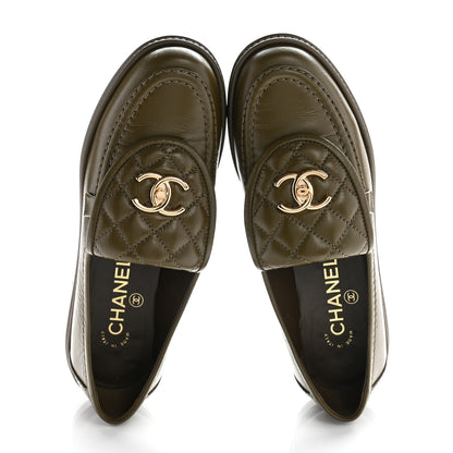 Chanel Crumpled Lambskin Quilted CC Turnlock Moccasins 37 Khaki 2 of 9