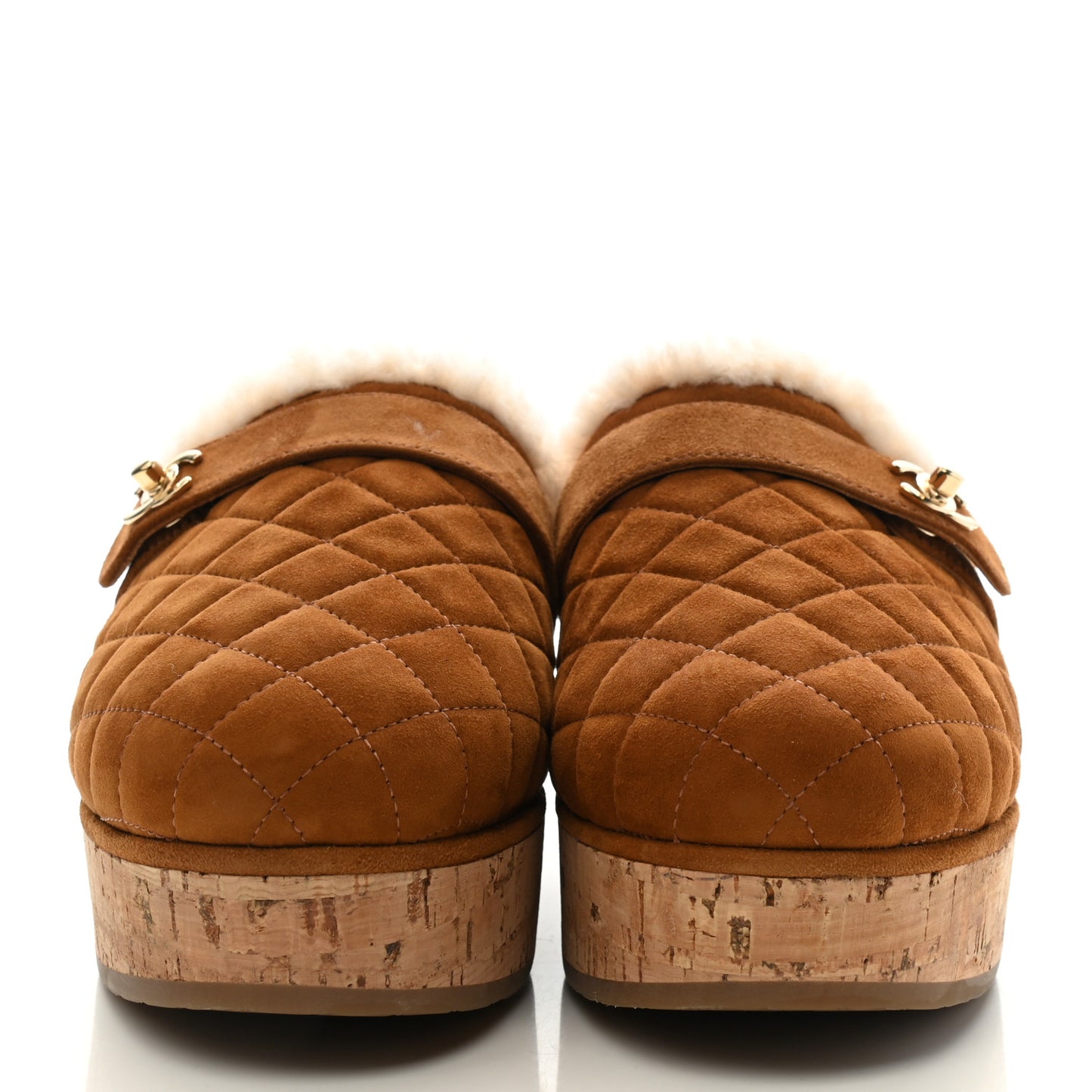 Suede Calfskin Shearling Turn Lock Clogs 38 Brown