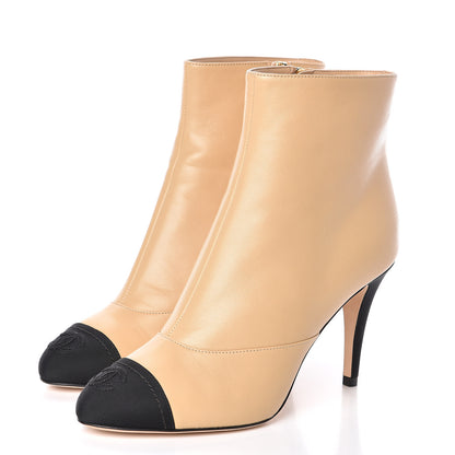 Chanel Lambskin Grosgrain Cap Toe Short Ankle Boots 36 Beige Black 3 of 8