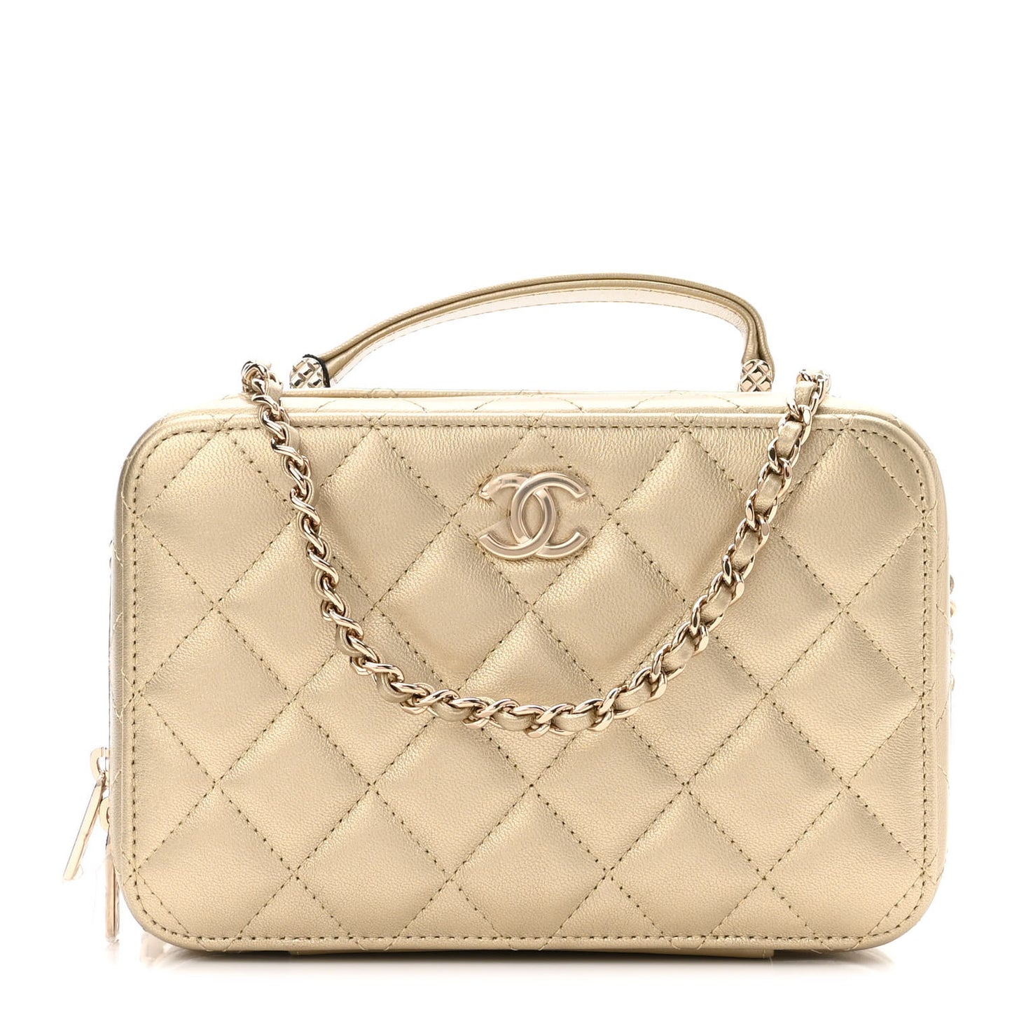 Metallic Lambskin Quilted Top Handle Vanity Case Gold
