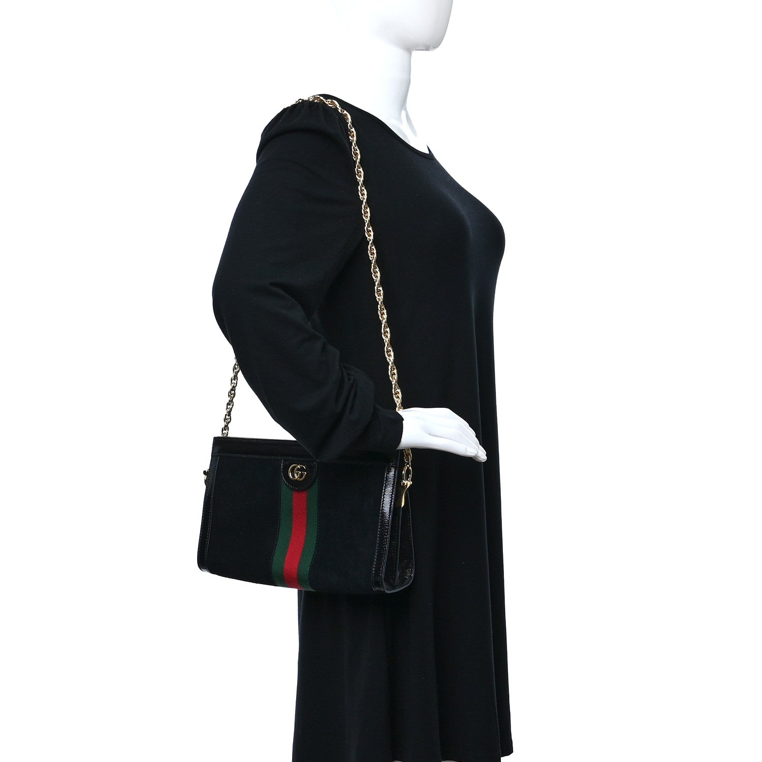 Gucci Suede Patent GG Web Small Ophidia Chain Shoulder Bag Black 2 of 12