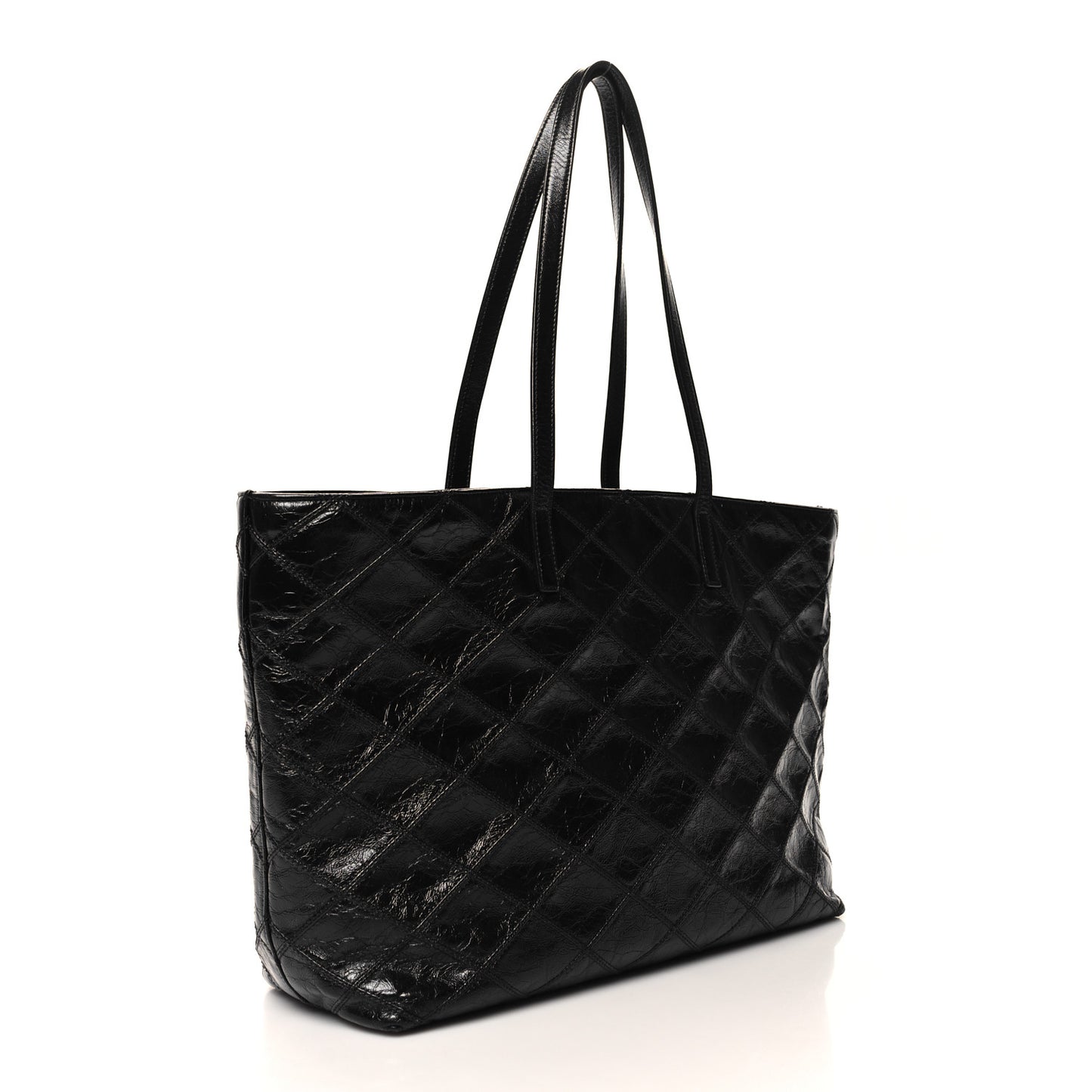 Crinkled Calfskin Quilted East West Shopping Tote Black