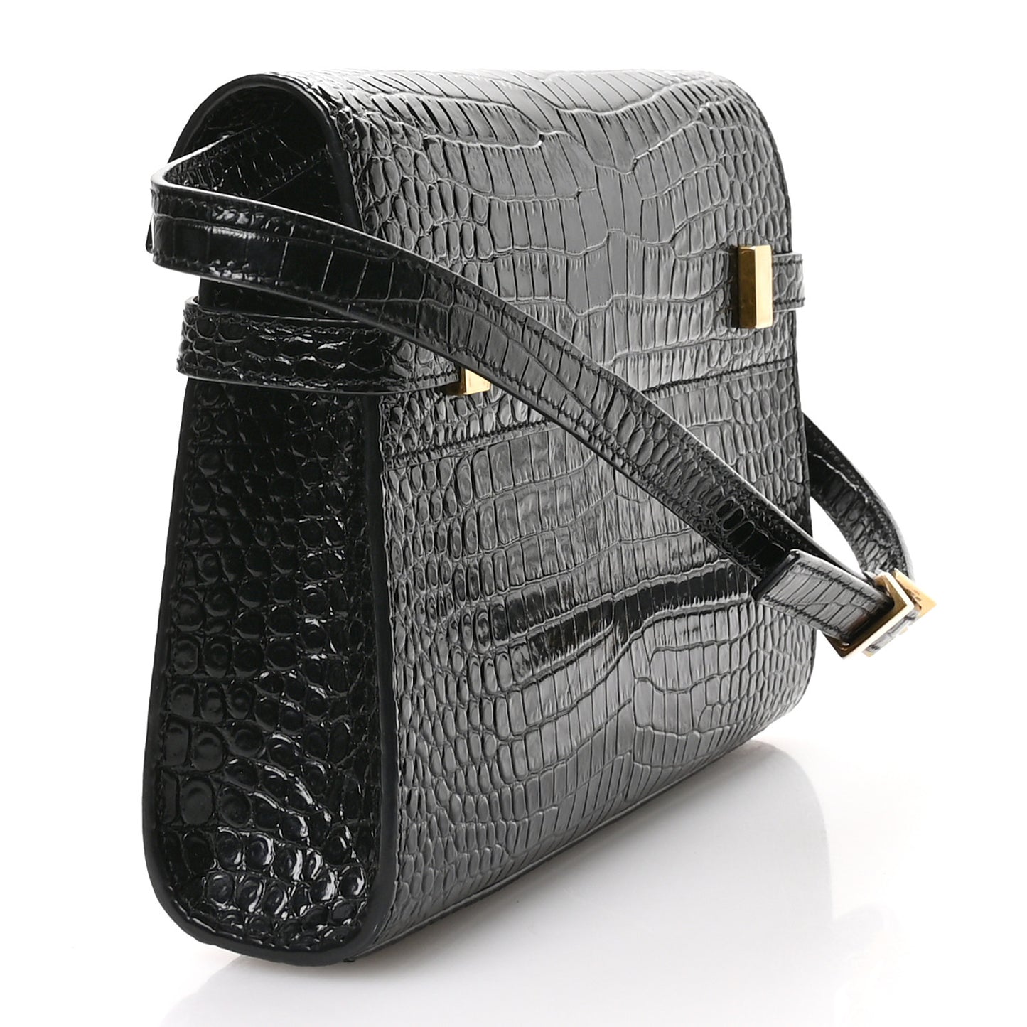 Shiny Calfskin Crocodile Embossed Small Manhattan Baguette Black