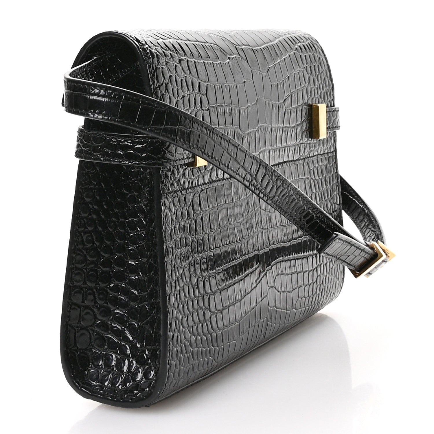 Saint Laurent Shiny Calfskin Crocodile Embossed Small Manhattan Baguette Black 3 of 10