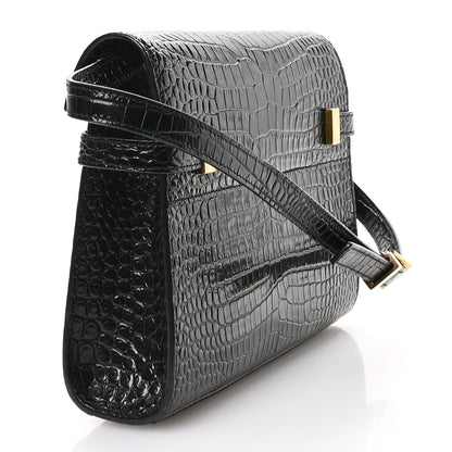 Saint Laurent Shiny Calfskin Crocodile Embossed Small Manhattan Baguette Black 3 of 10