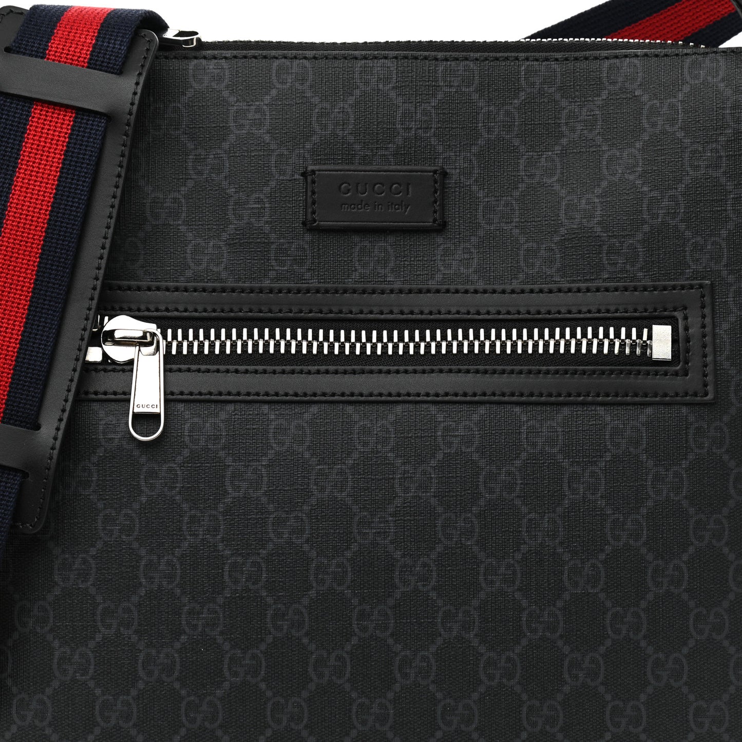 GG Supreme Monogram Appia Calfskin Web Flat Messenger Bag Black Grey
