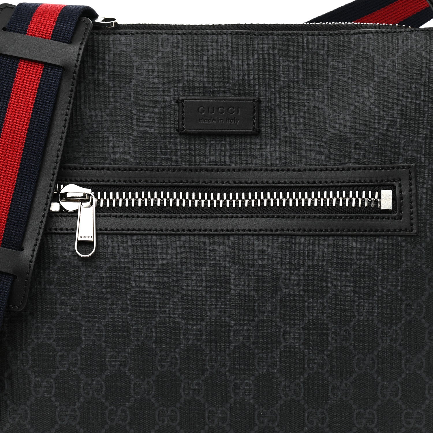 Gucci GG Supreme Monogram Appia Calfskin Web Flat Messenger Bag Black Grey 7 of 9