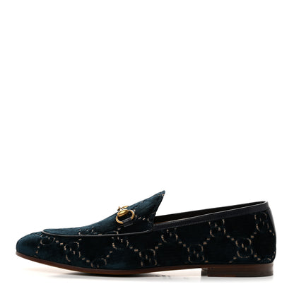 Gucci Velvet GG Monogram Horsebit Mens Jordaan Loafers 10.5 Blue Beige 1 of 9