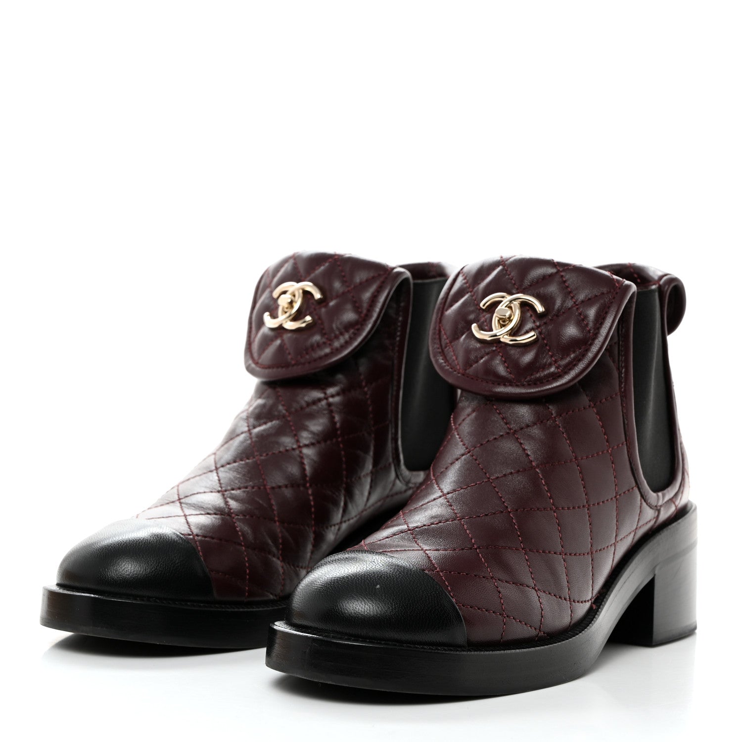 Chanel Lambskin Quilted Cap Toe CC Turnlock Booties 36 Burgundy Black 3 of 9