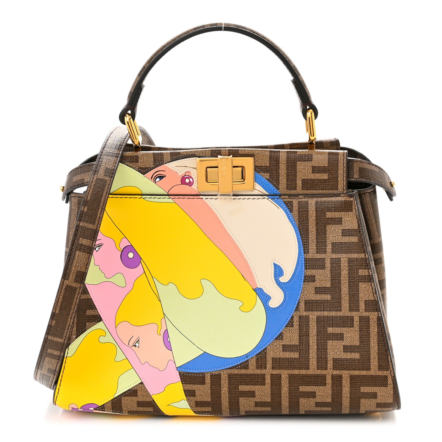 Fendi Glazed Fabric Vitello FF 1974 Hairdo Girls Inlay Mini Peekaboo Iconic Satchel Mogano Panna Multicolor 1 of 11