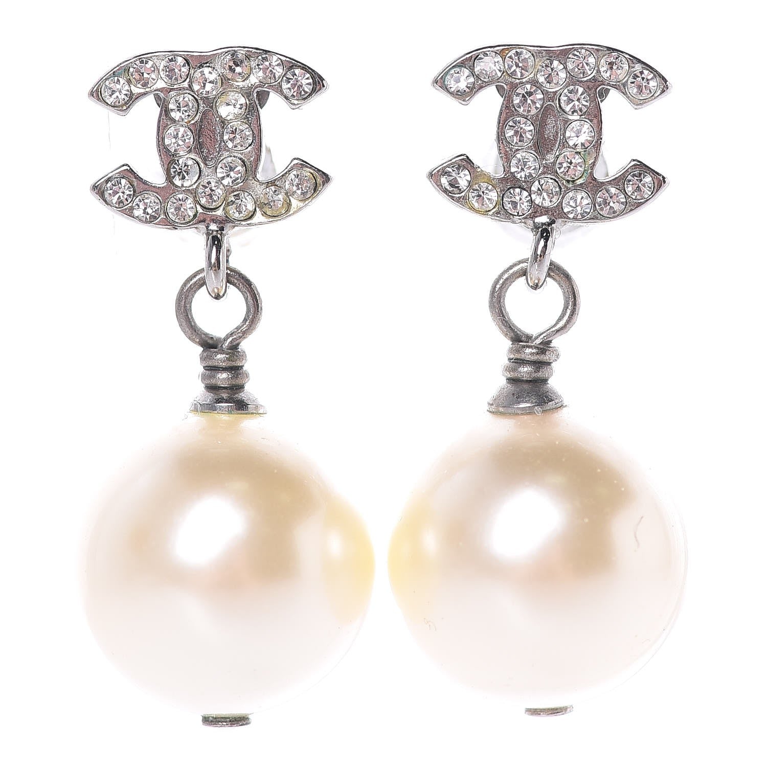 Chanel Crystal Pearl CC Drop Earrings Silver 1 of 4