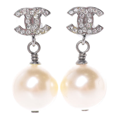 Chanel Crystal Pearl CC Drop Earrings Silver 1 of 4