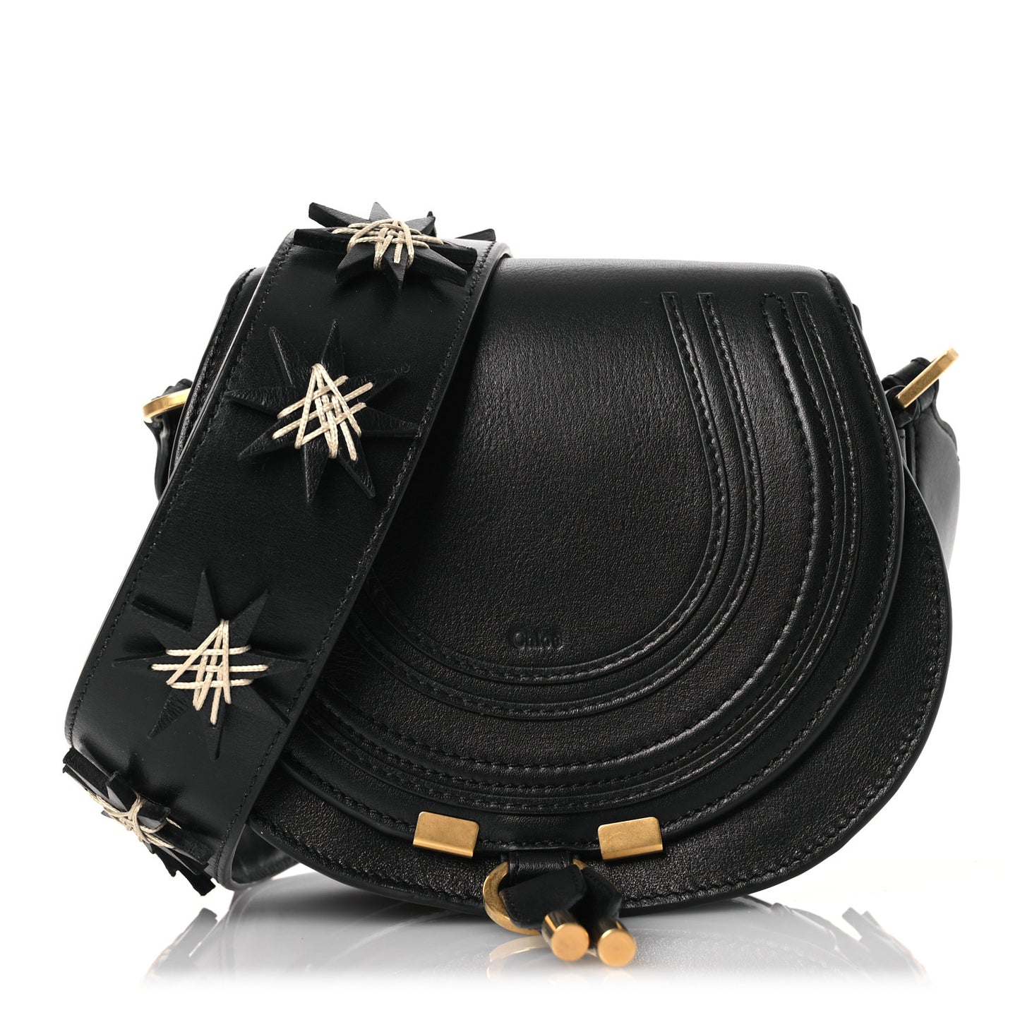 Grained Calfskin Embroidered Star Small Marcie Saddle Bag Black