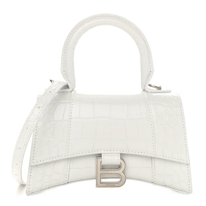 Balenciaga Shiny Calfskin Crocodile Embossed Hourglass Top Handle Bag XS White 1 of 10