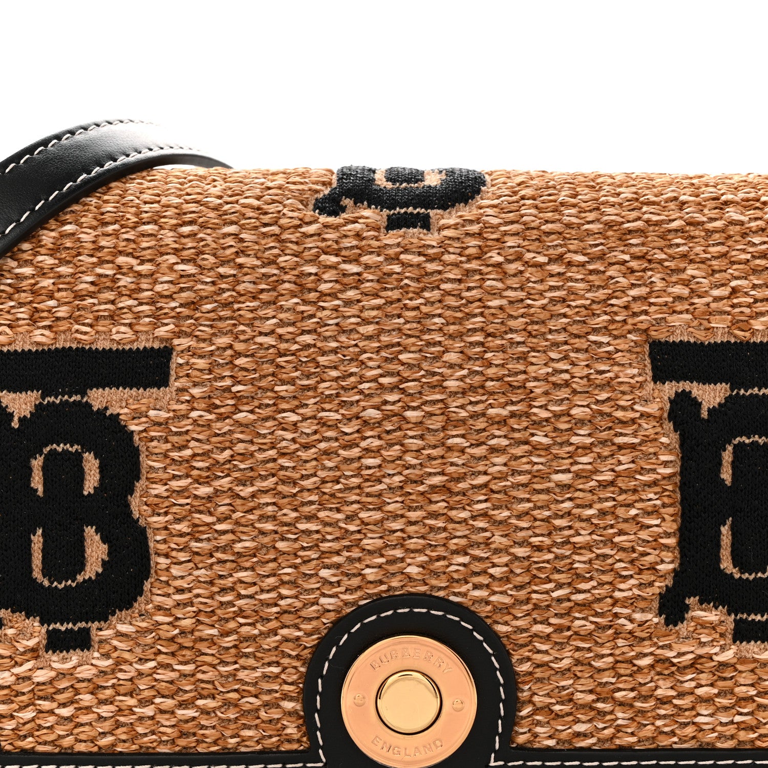 Burberry Raffia Calfskin TB Small Note Crossbody Bag Natural Black