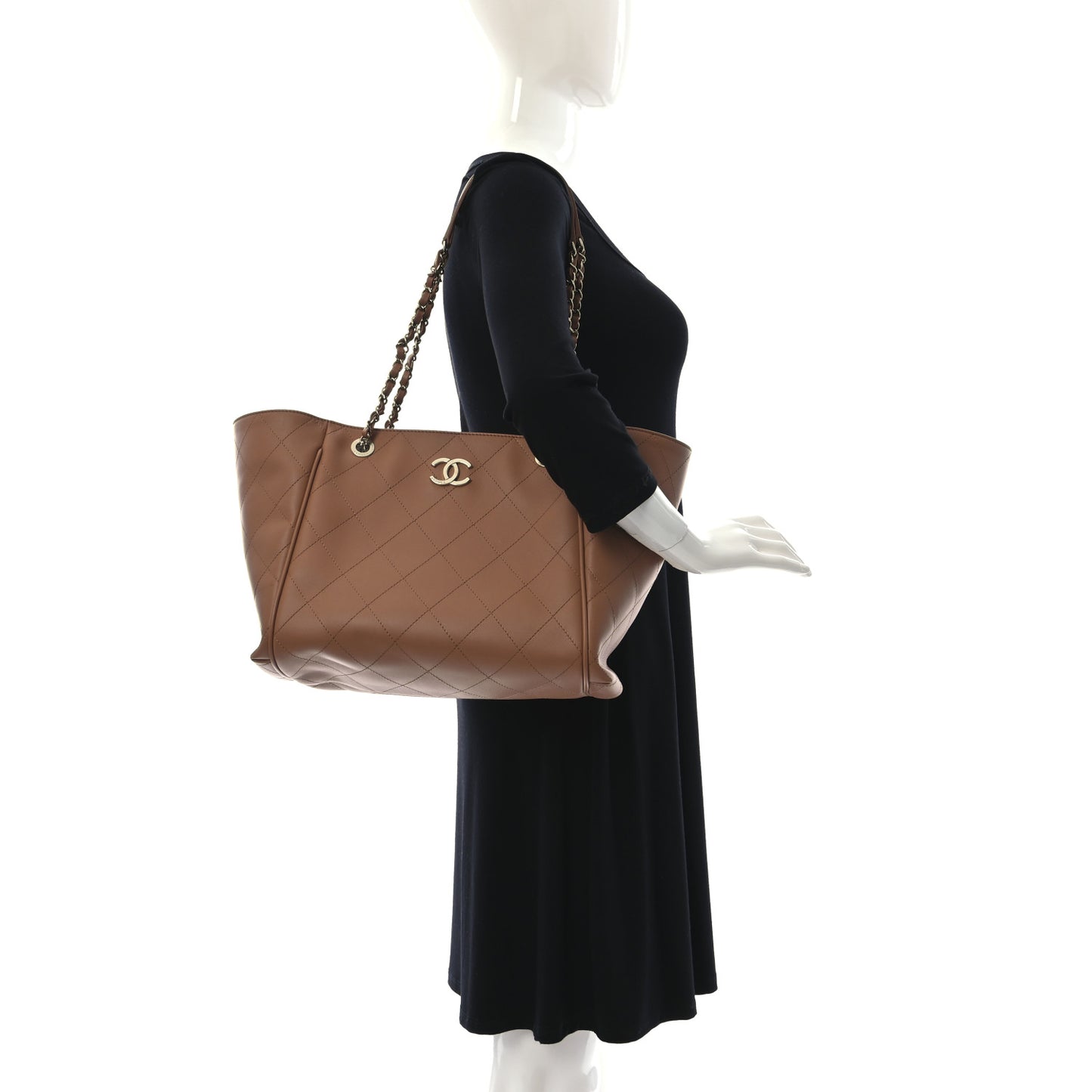Calfskin Stitched Small Shopping Tote Brown