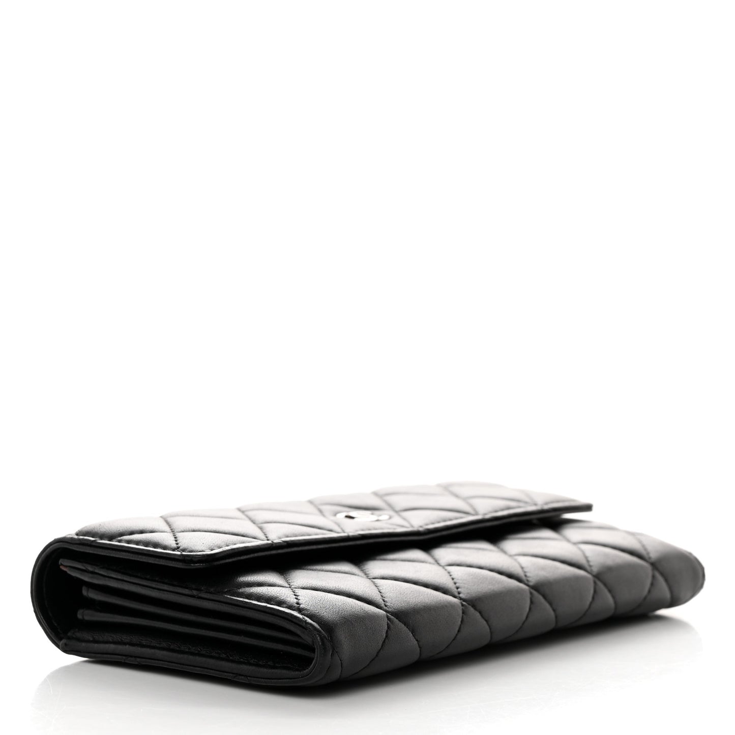 Lambskin Quilted Large Gusset Flap Wallet Black