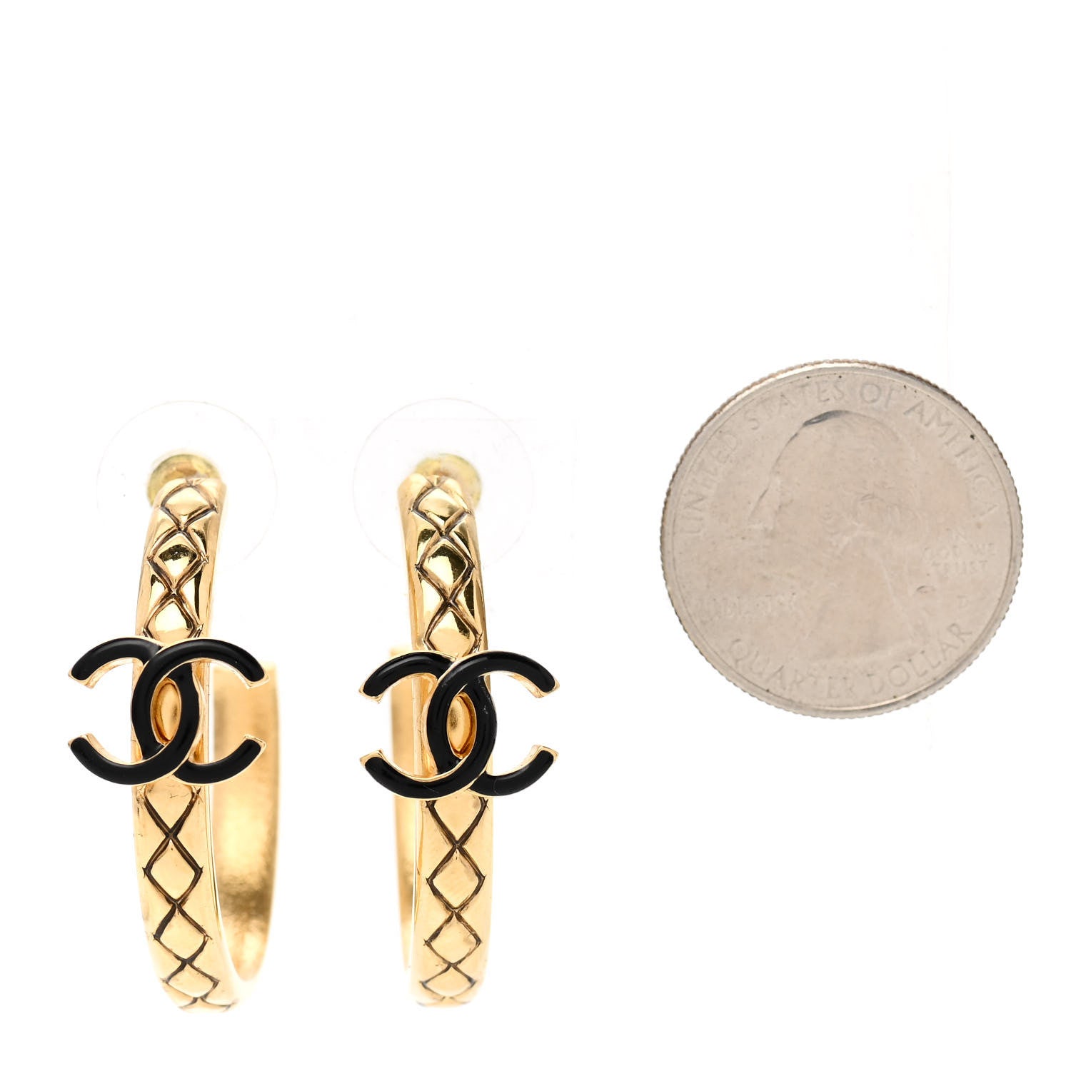 Chanel Metal Quilted Resin CC Hoop Earrings Gold Black 2 of 5