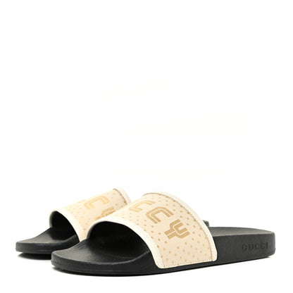 Gucci X SEGA Supreme Canvas GUCCY Stars Womens Slide Sandals 37 Mystic White Gold 3 of 9