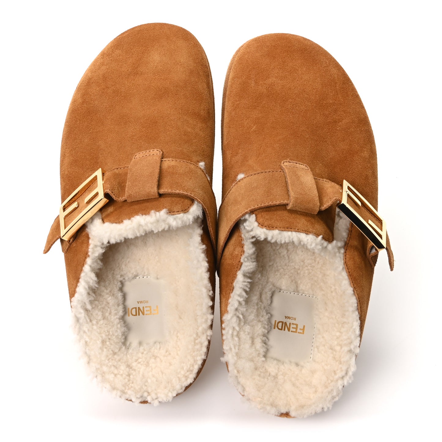 Suede Shearling Fendi Feel Buckled Clogs 39 Caramel Latte