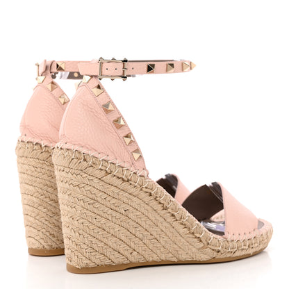 Valentino Garavani Grained Calfskin Rockstud Ankle Strap Espadrille 15/105mm Wedge Sandals 39 Rose Quartz Natural 4 of 14