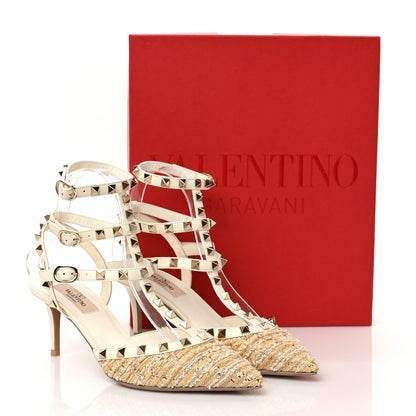 Valentino Garavani Tweed Nappa Rockstud Ankle Strap 65mm Pumps 38 Ivory Natural 9 of 9