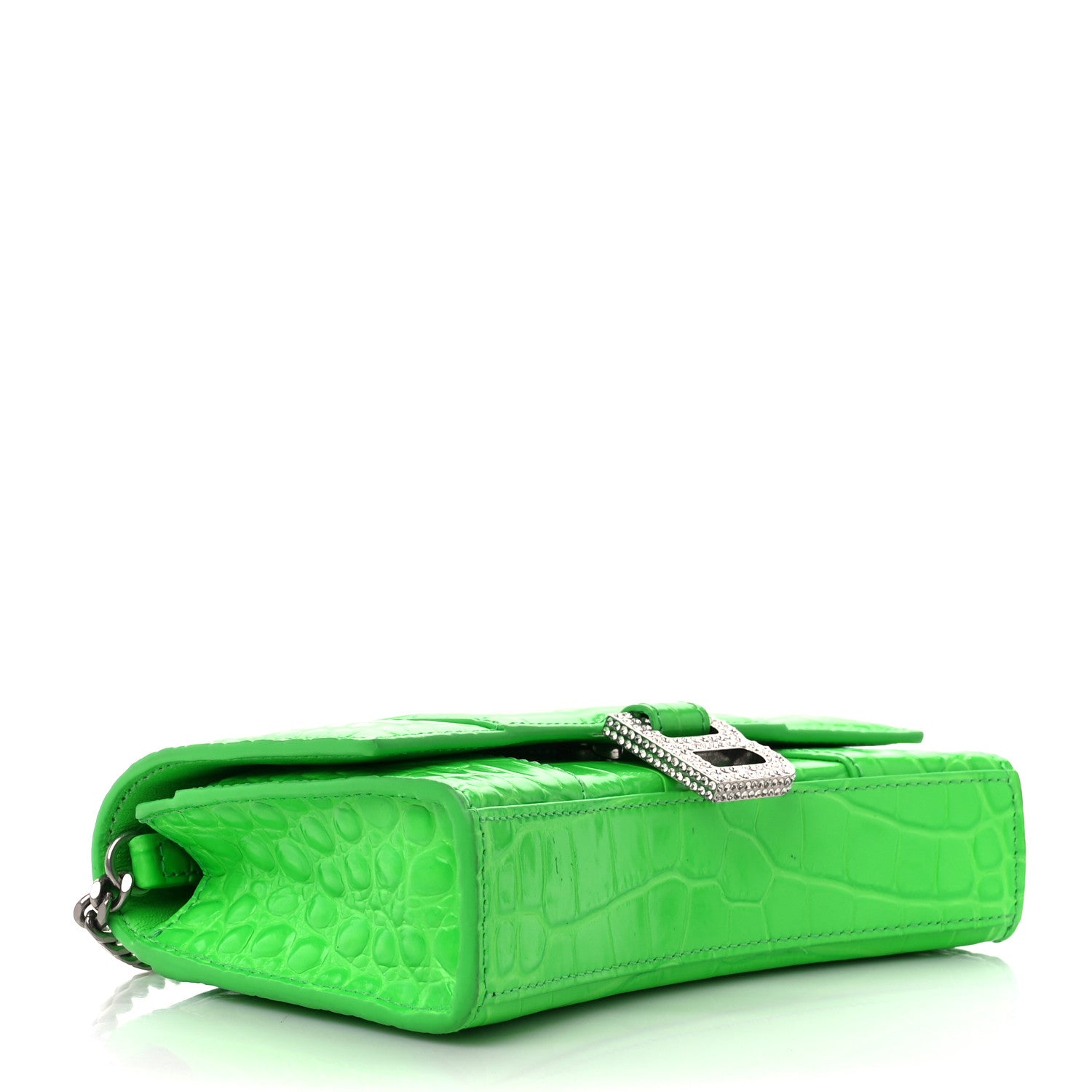 Balenciaga Shiny Calfskin Strass Crocodile Embossed Hourglass Chain Bag Fluo Green 4 of 10