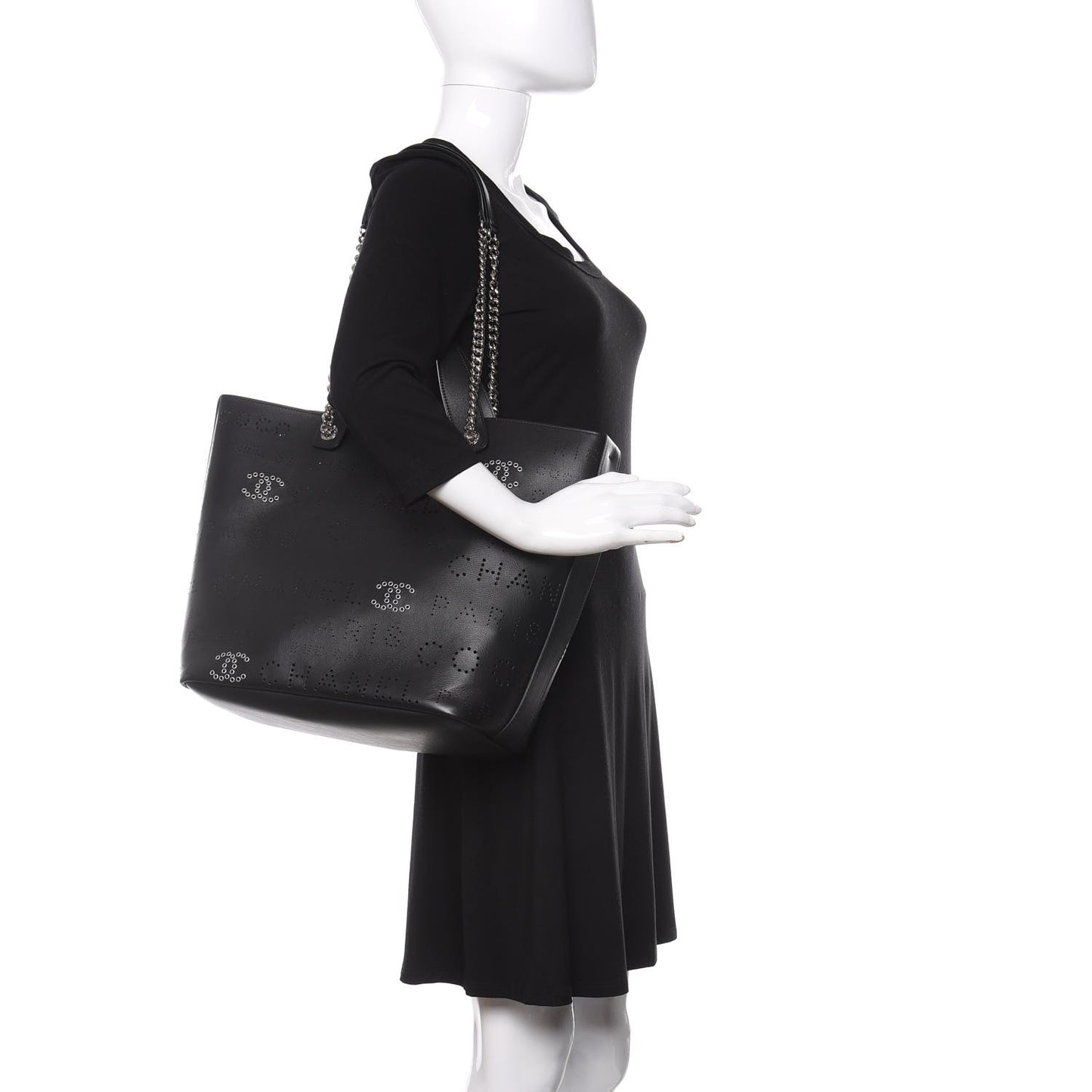 Calfskin Tweed Small Logo Eyelets Shopping Tote Black
