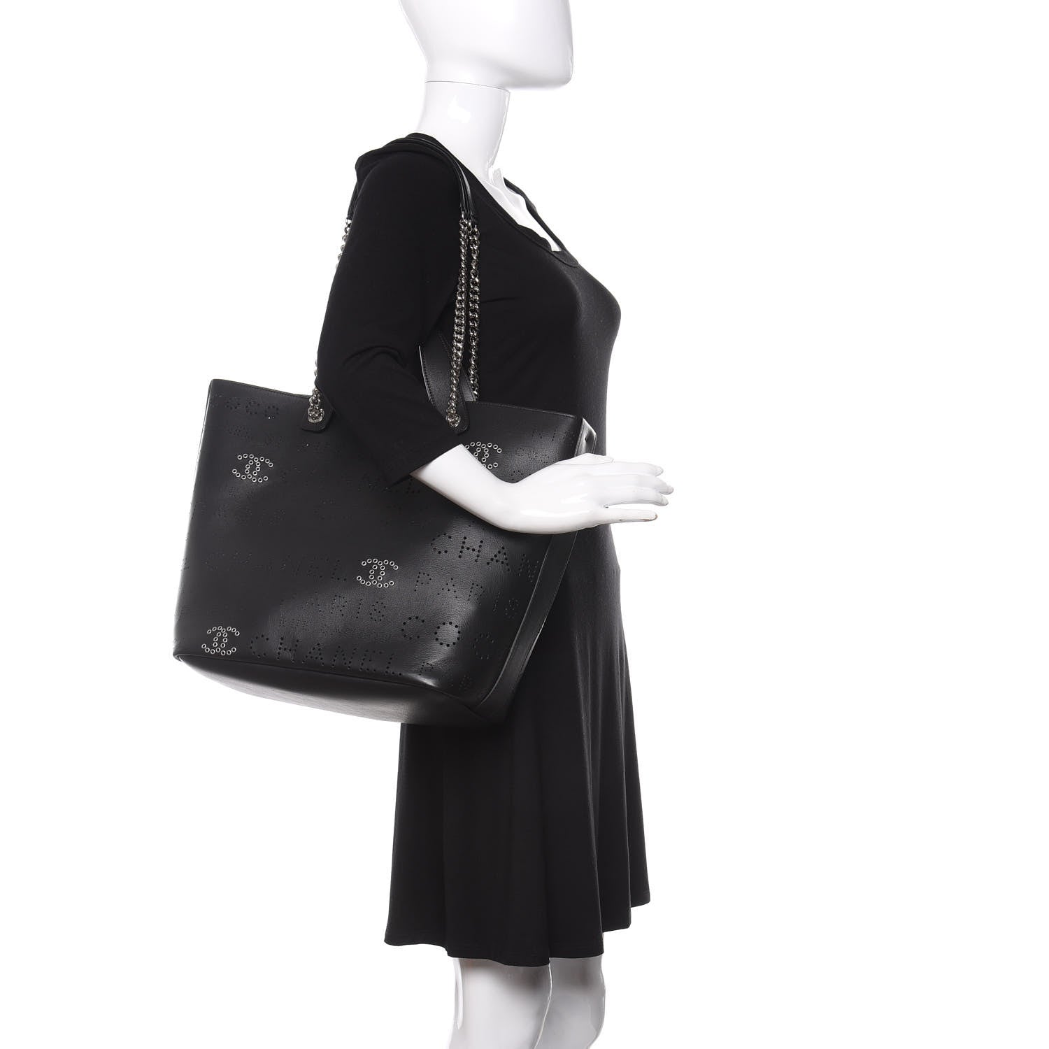 Chanel Calfskin Tweed Small Logo Eyelets Shopping Tote Black 2 of 11