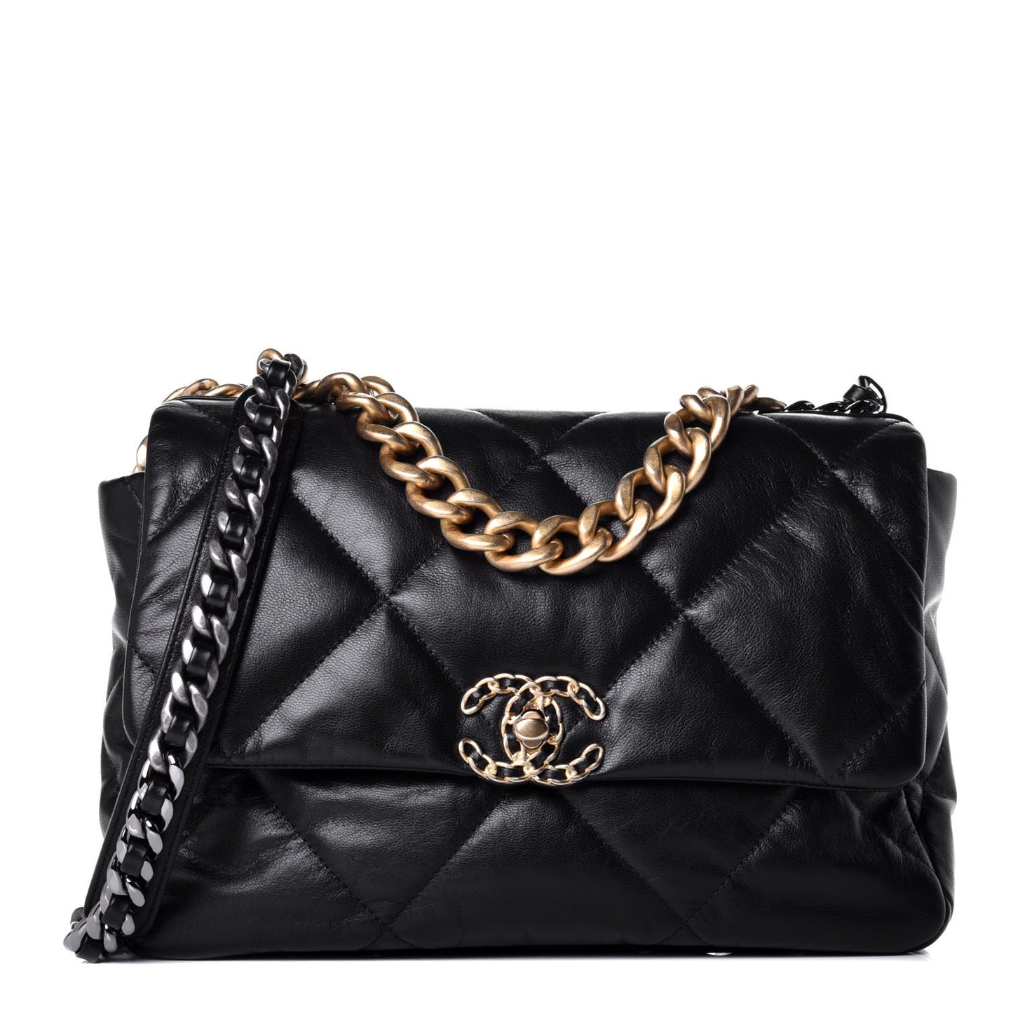 Shiny Goatskin Quilted Large Chanel 19 Flap Black