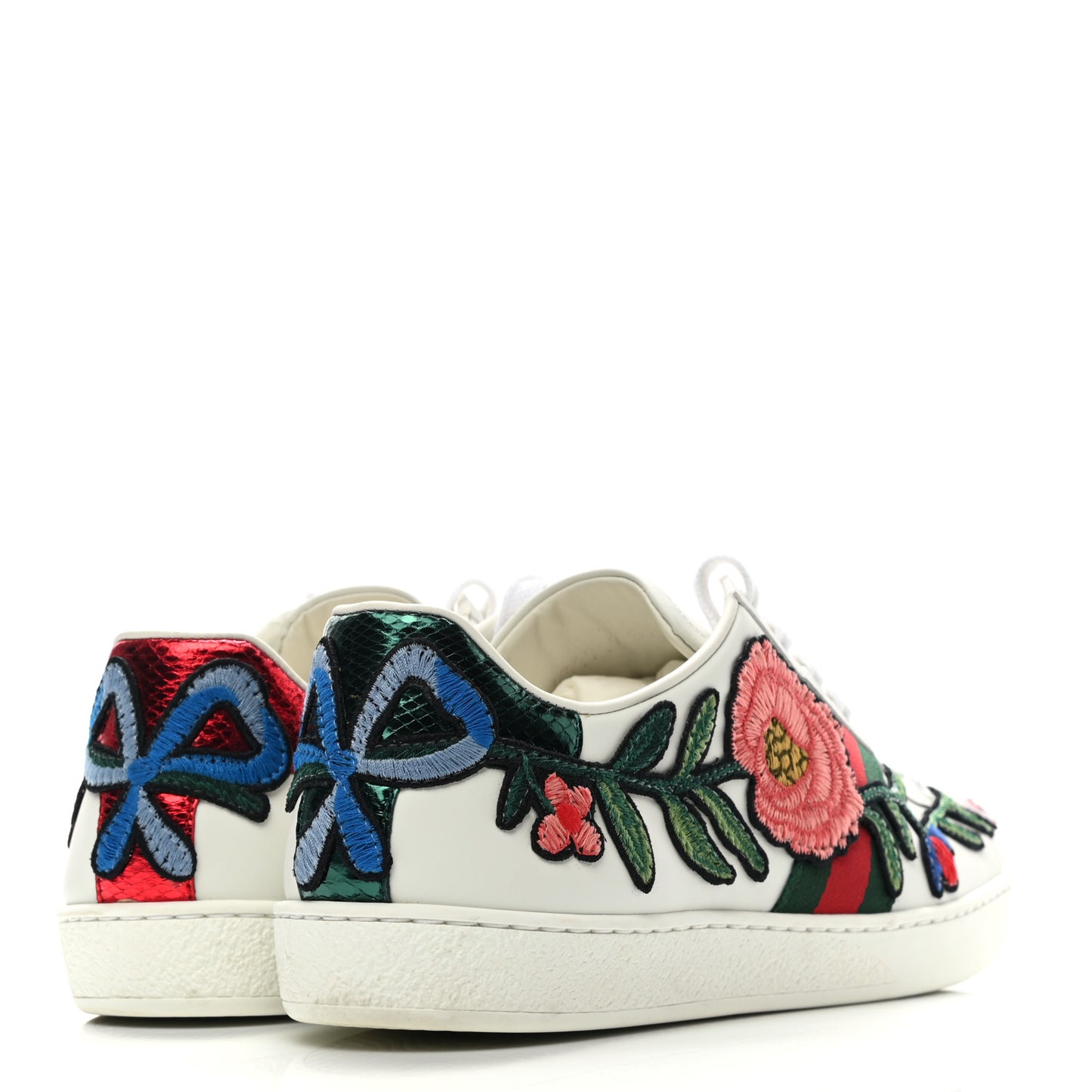 Calfskin Web Floral Embroidered Womens Ace Sneakers 39 White