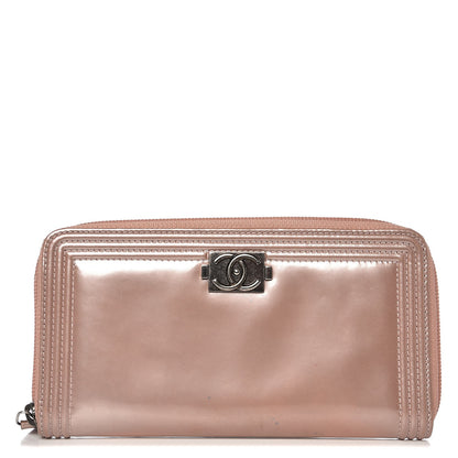Chanel Metallic Patent Boy Large Gusset Zip Around Wallet Pink 1 of 10
