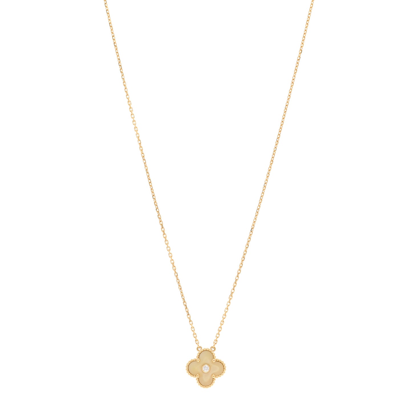 18K Yellow Gold Diamond Yellow Mother of Pearl Vintage Alhambra Pendant Necklace