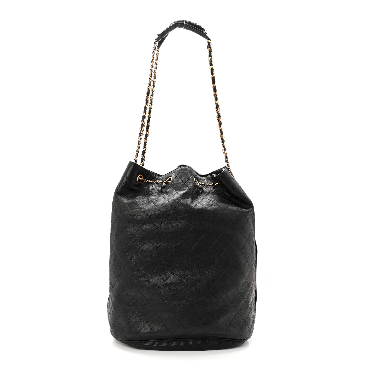 Grained Calfskin Quilted Drawstring Bucket Bag Black