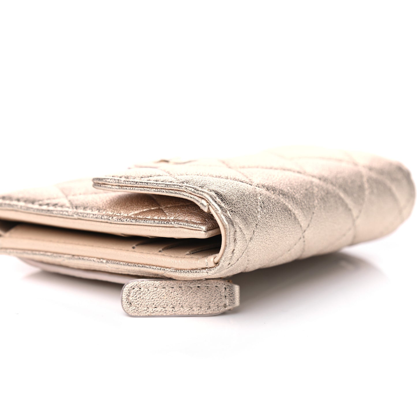 Metallic Lambskin Quilted Compact Flap Wallet Gold