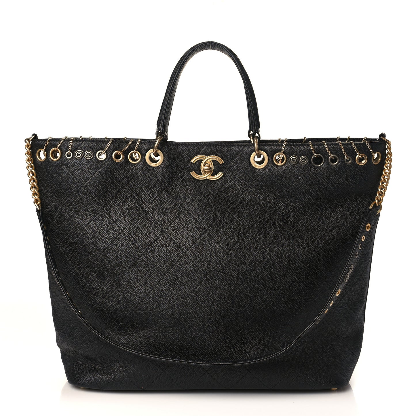 Caviar Quilted Grommet Embellished Piercing Chic Tote Bag Black