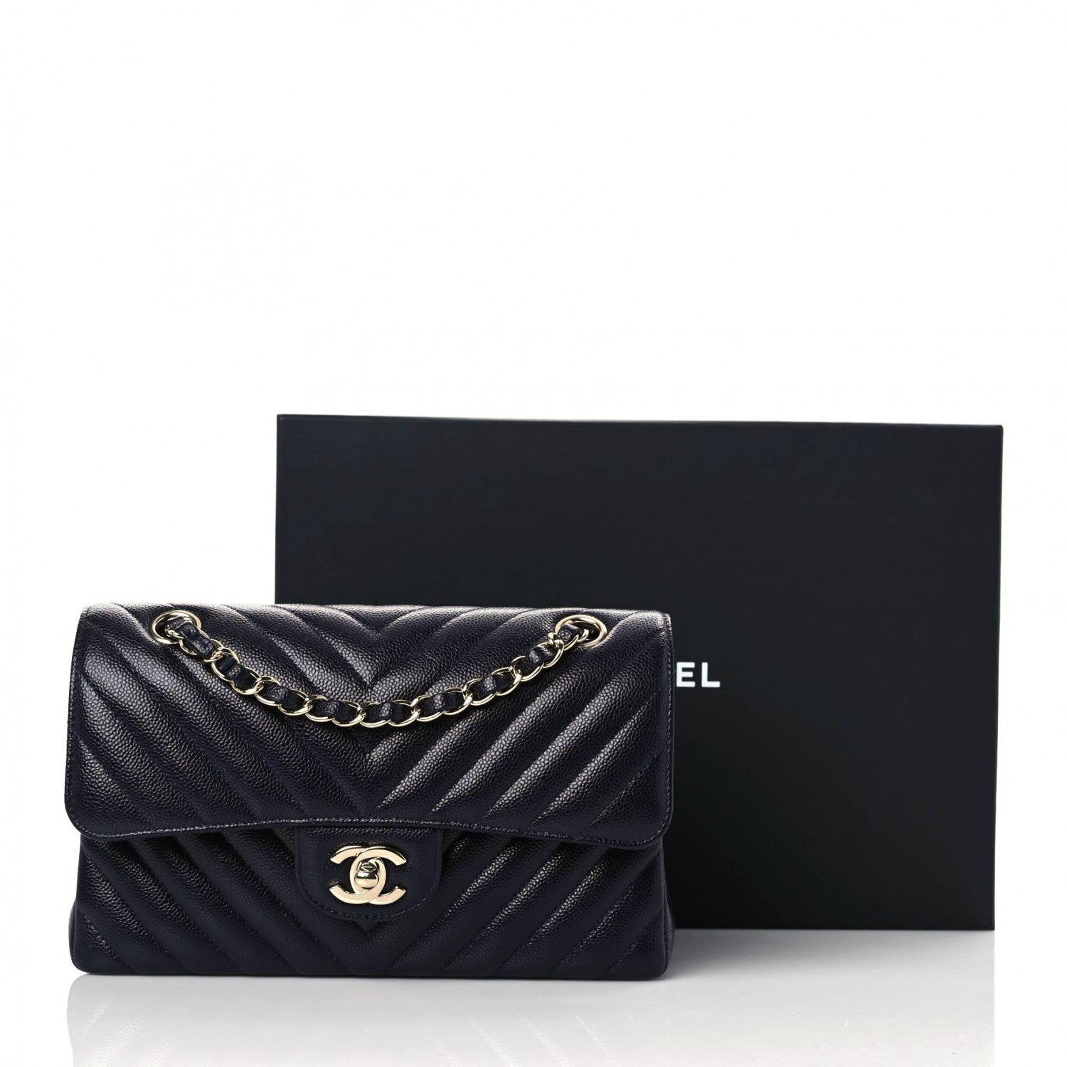 Chanel Caviar Chevron Quilted Small Double Flap Navy Blue 10 of 10