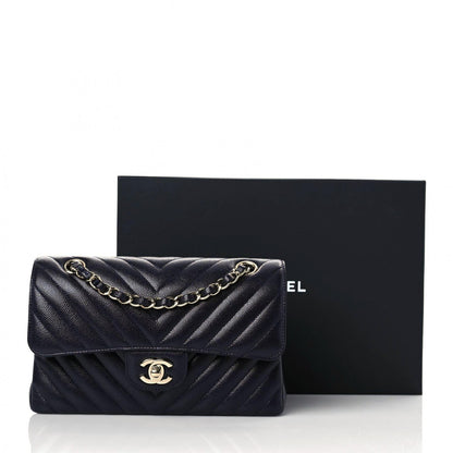 Chanel Caviar Chevron Quilted Small Double Flap Navy Blue 10 of 10