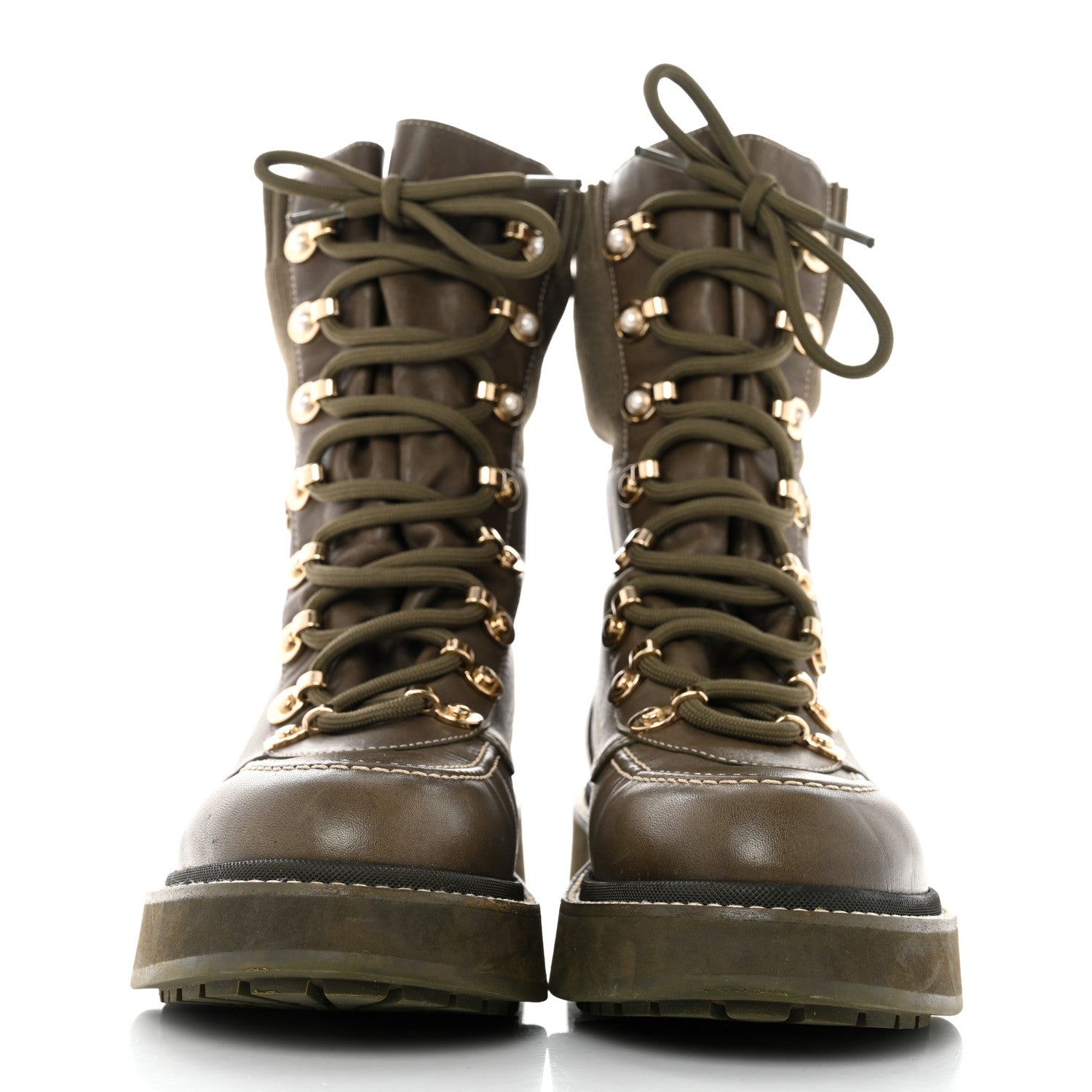Chanel Calfskin Knit Lace Up Combat Boots 39.5 Green 2 of 10