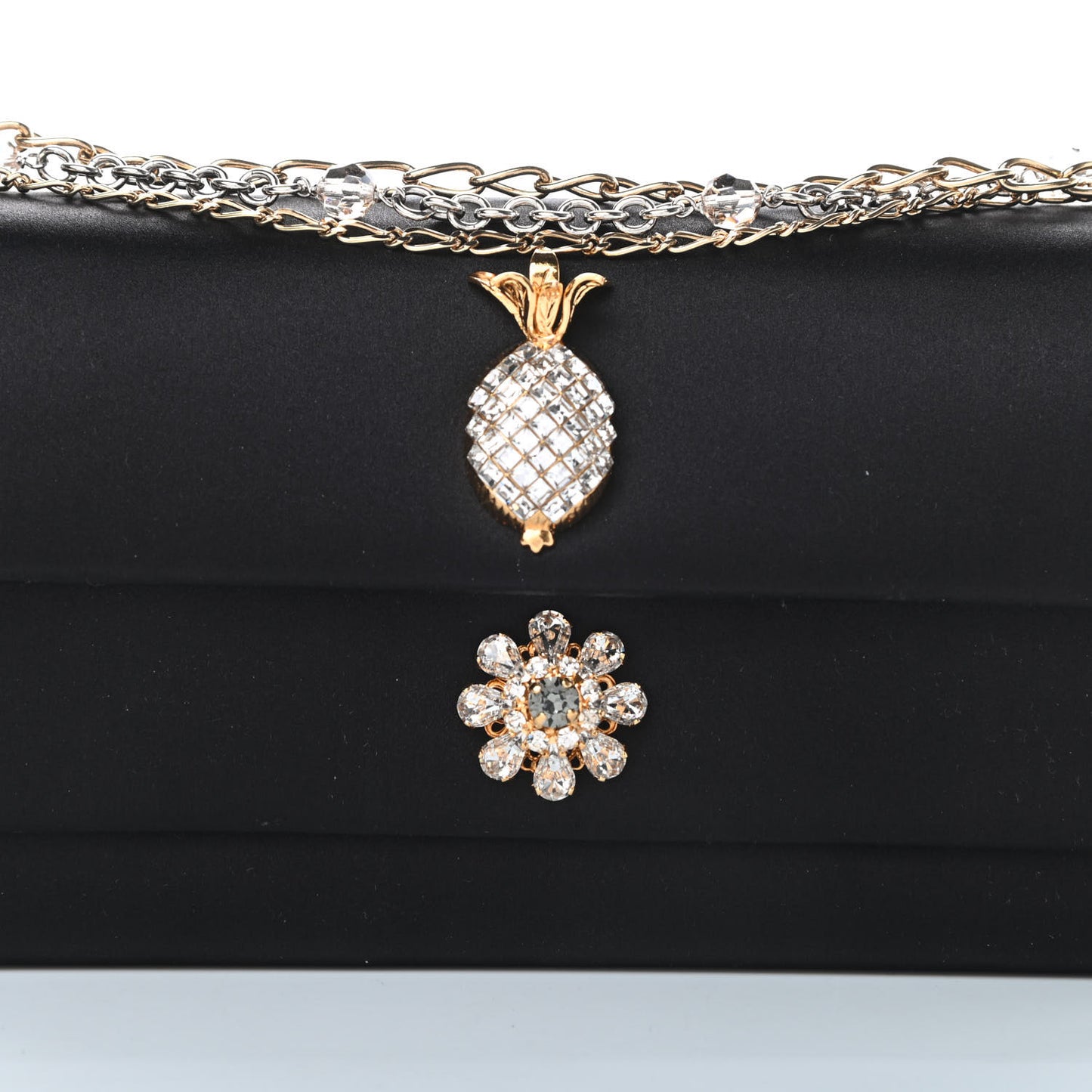 Satin Crystal Chain Shoulder Bag Black