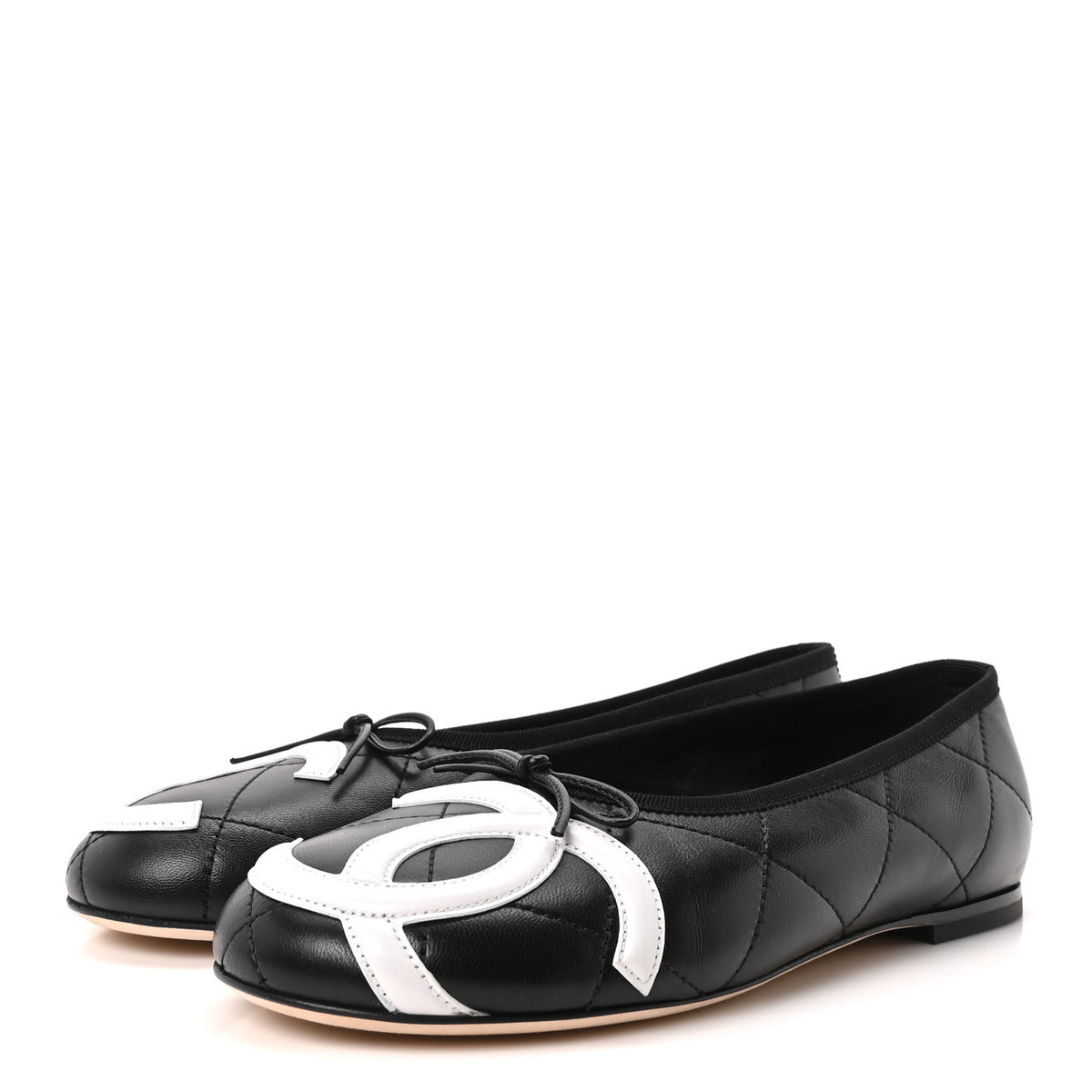 Lambskin Quilted CC Cambon Ballet Flats 38.5 Black White