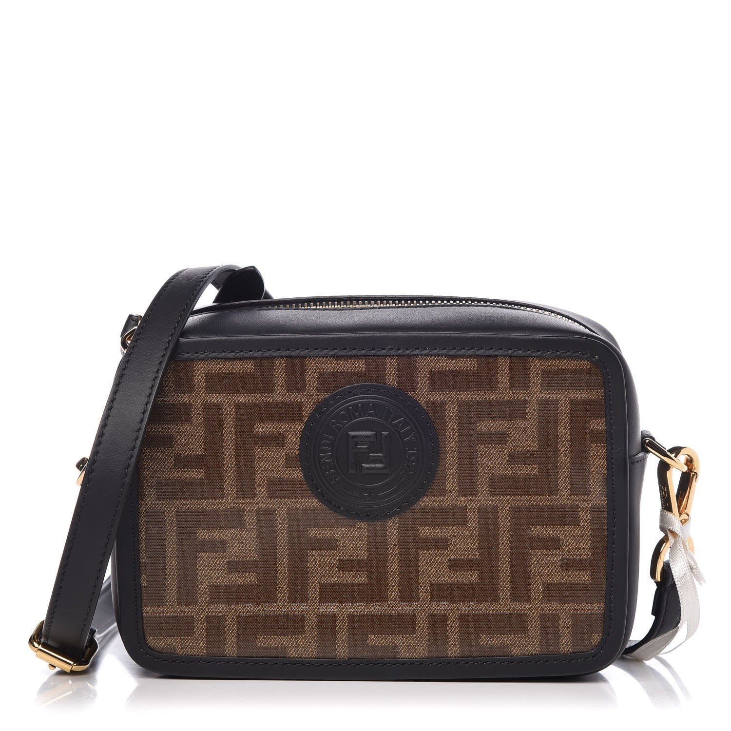 Fendi Glazed Fabric Vitello Century FF 1974 Stamp Patch Mini Camera Case Mogano Panna Black 1 of 7