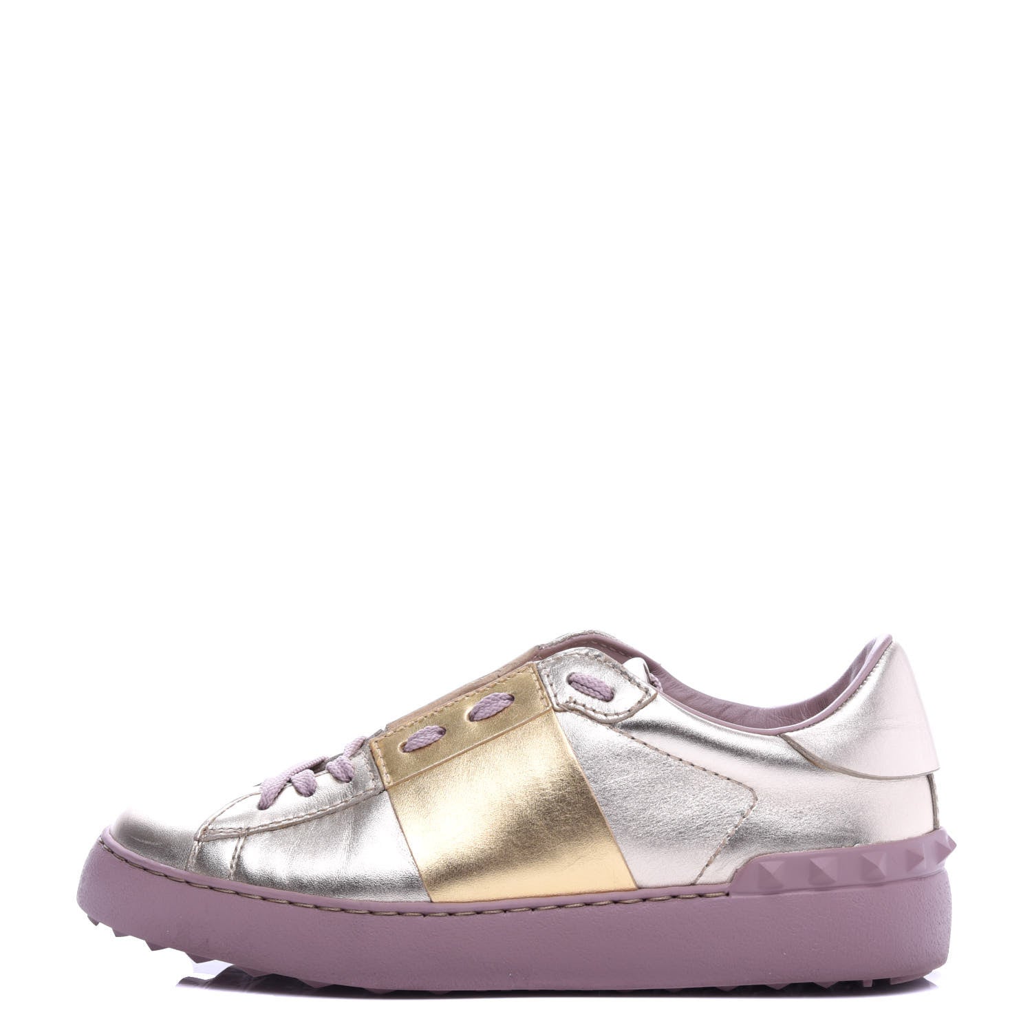 Valentino Garavani Metallic Calfskin Rockstud Open Sneakers 36.5 Silver Gold Pink 1 of 10