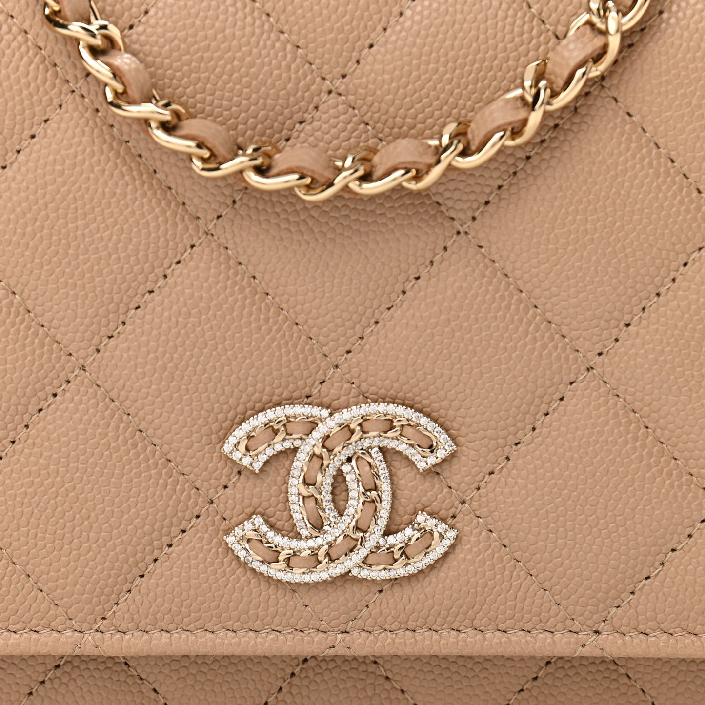 Caviar Quilted Crystal CC Wallet On Chain WOC Beige