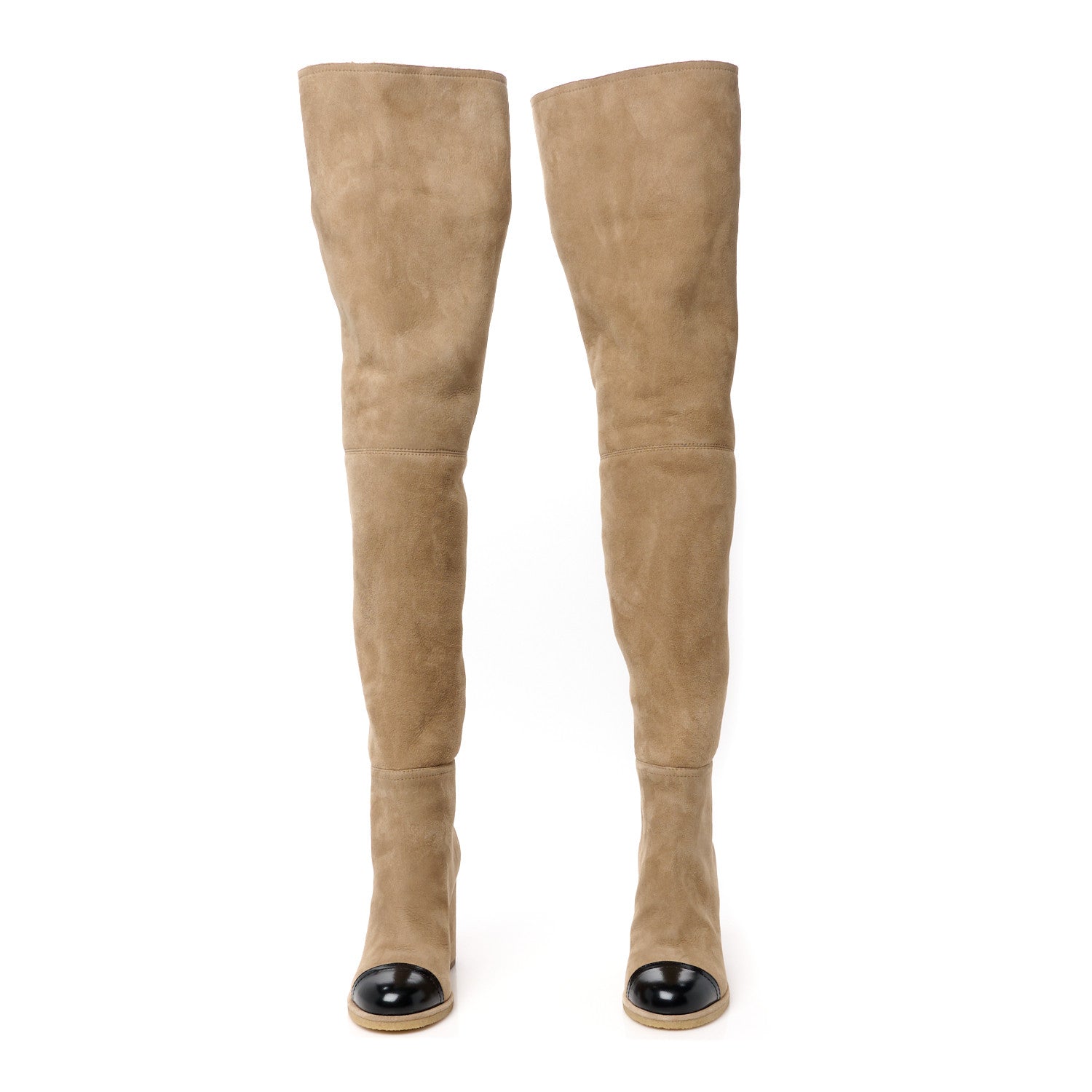 Chanel Shearling Sheepskin Shiny Calfskin Thigh Boots 38 Beige Black 2 of 8