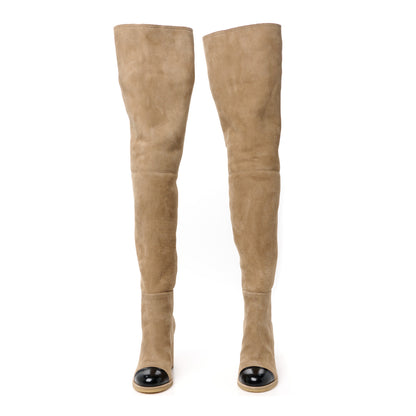 Chanel Shearling Sheepskin Shiny Calfskin Thigh Boots 38 Beige Black 2 of 8