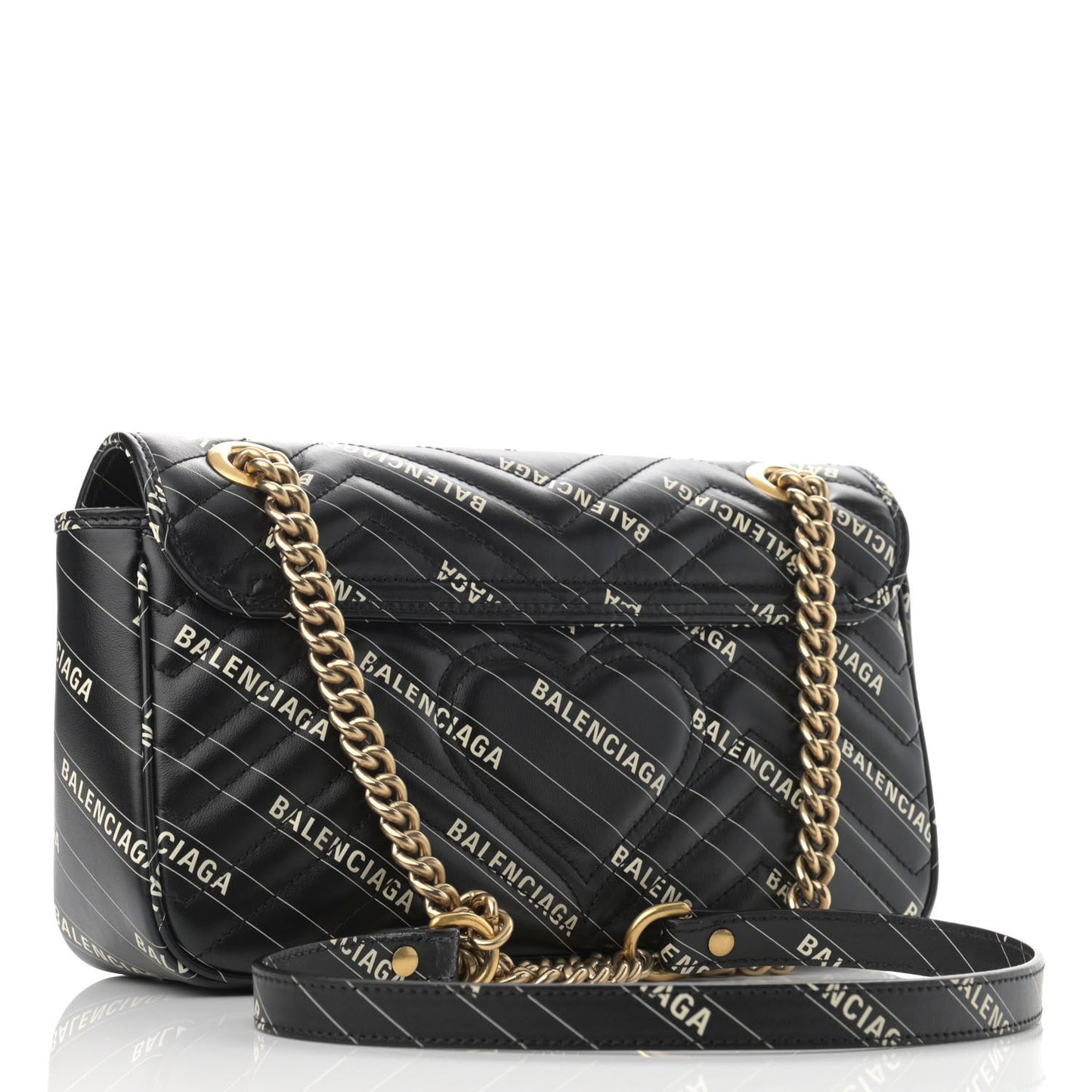 X BALENCIAGA Calfskin Matelasse Logo Print Small GG Marmont Shoulder Bag Black